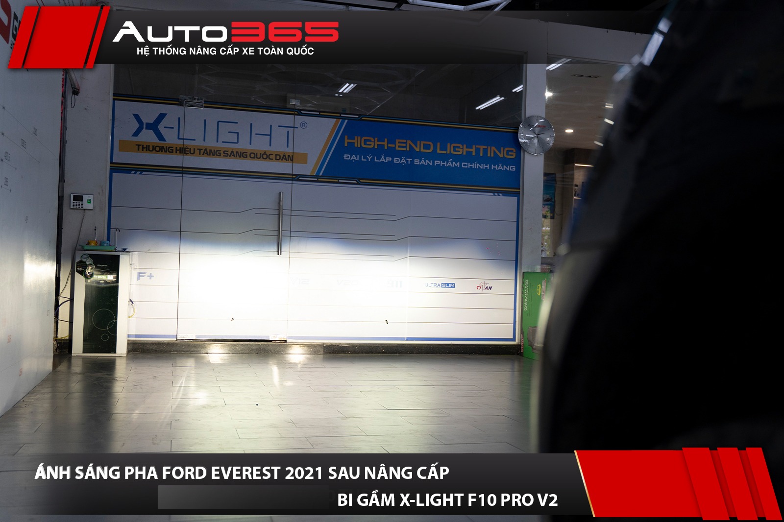 Ánh sáng Pha của bi gầm X-Light F10 Pro V2 sau căn chỉnh trên Ford Everest 2021.